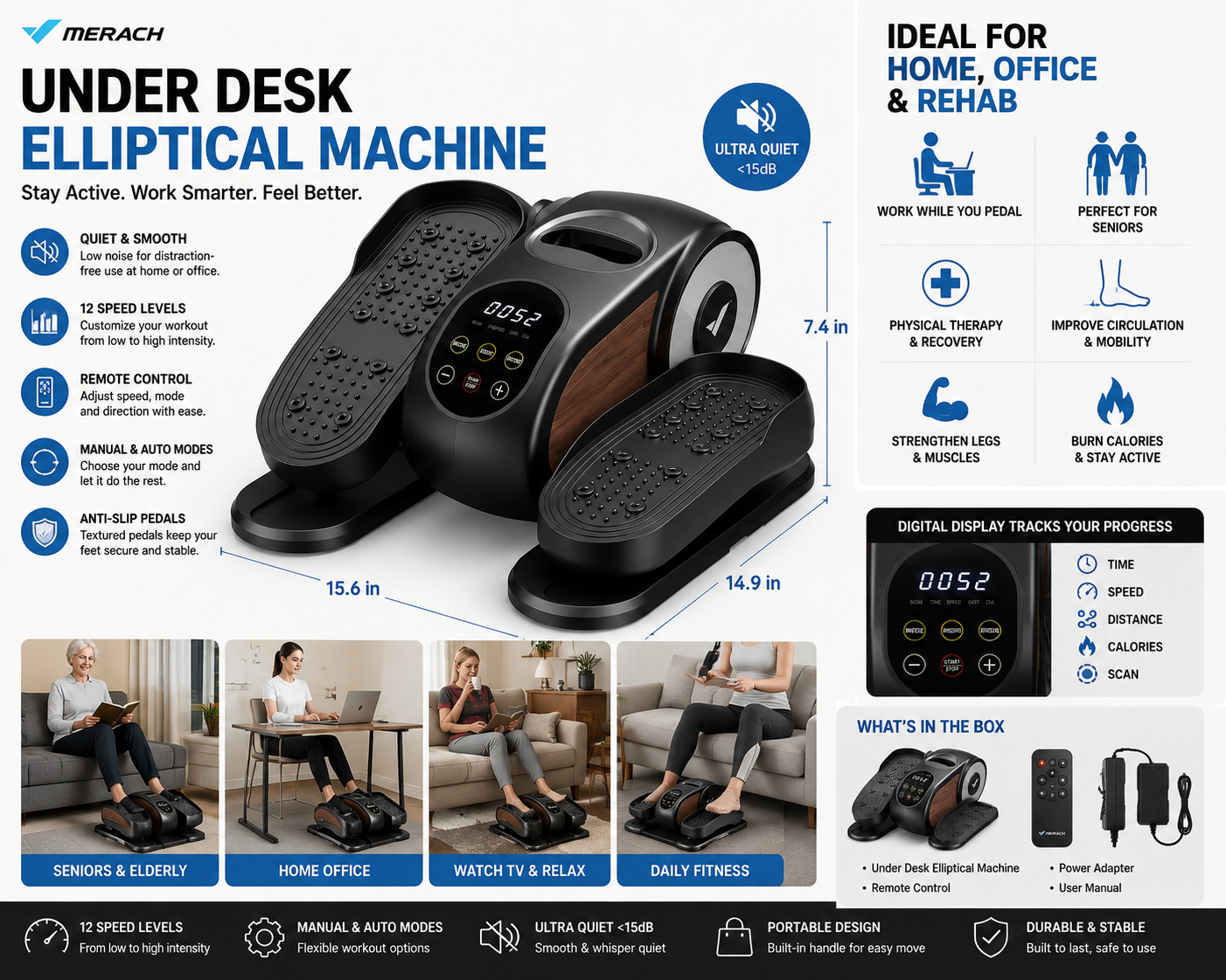 Under Desk Elliptical Machine – Electric Seated Pedal Exerciser with Remote – 12-Speed – Brand New