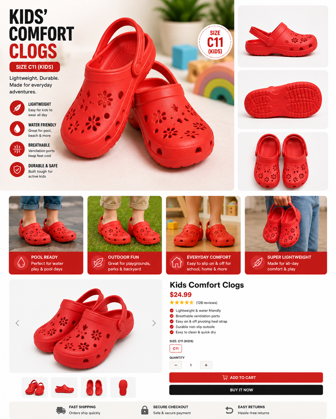 Kids Classic Floral Clogs | Lightweight Slip-On Garden Shoes | Water-Friendly Sandals | Size C11 | Red