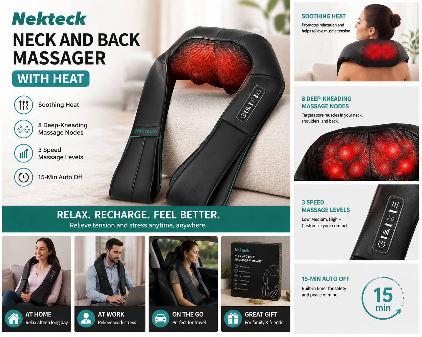 Nekteck Neck and Back Massager with Heat