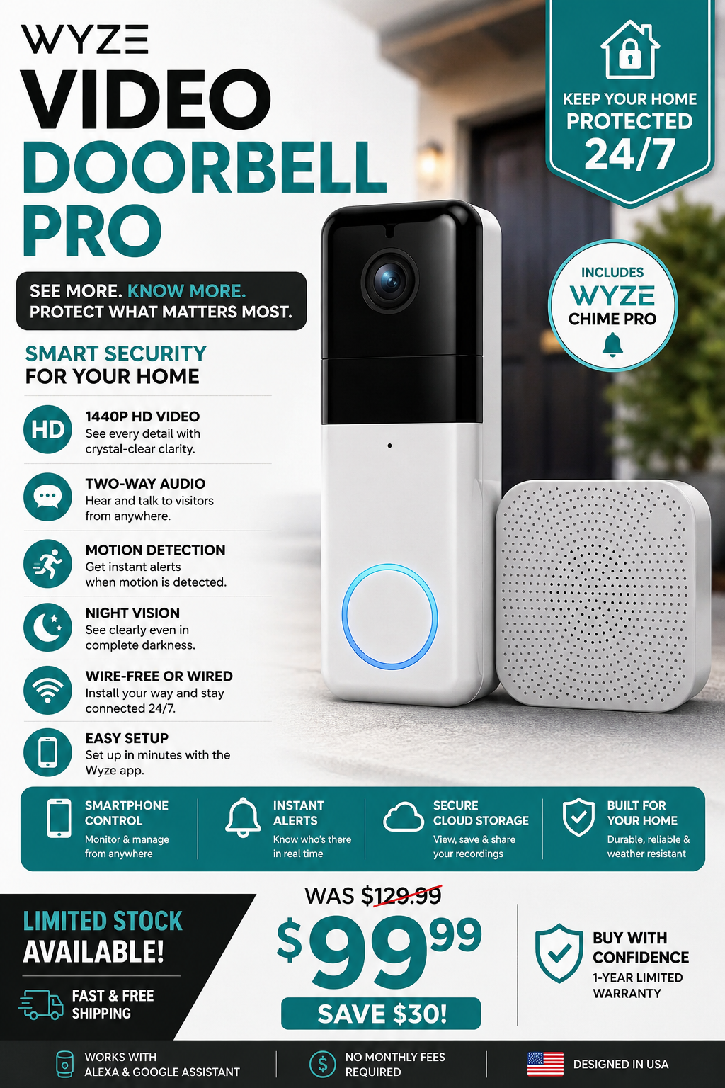 Wyze Video Doorbell Pro + Chime | Wireless HD Smart Doorbell Camera