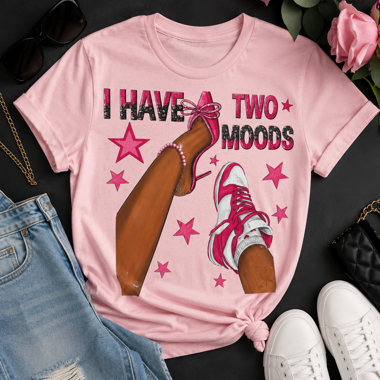 I Have Two Moods Graphic T-Shirt | Pink Women's Graphic Tee | Cute Sneaker & Heel Shirt | Fashion Statement Tee