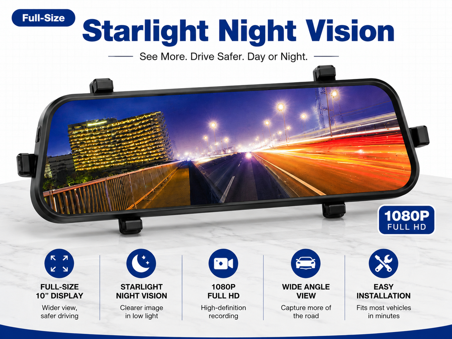 10" Full Size Rearview Mirror Dash Cam | 1080P HD Car Camera with Starlight Night Vision & Wide Angle Recording