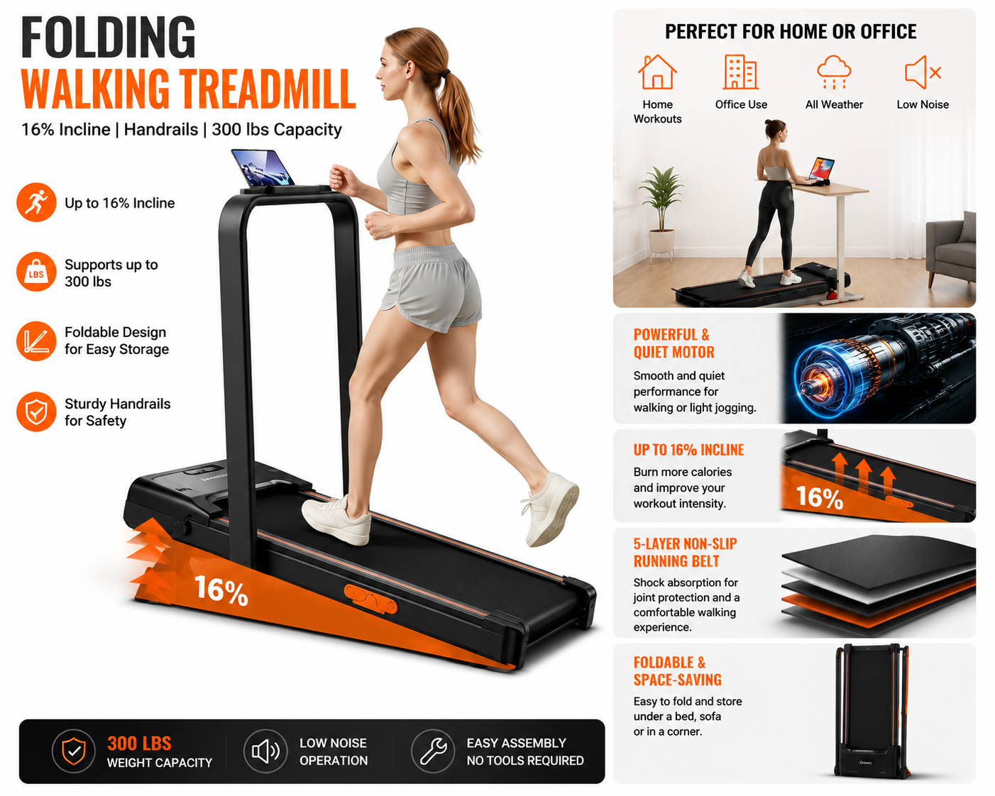 Folding Walking Pad Treadmill with 16% Incline & Handrails – 300 lb Capacity – Brand New