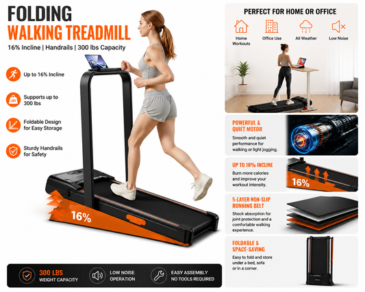 Folding Walking Pad Treadmill with 16% Incline & Handrails – 300 lb Capacity – Brand New