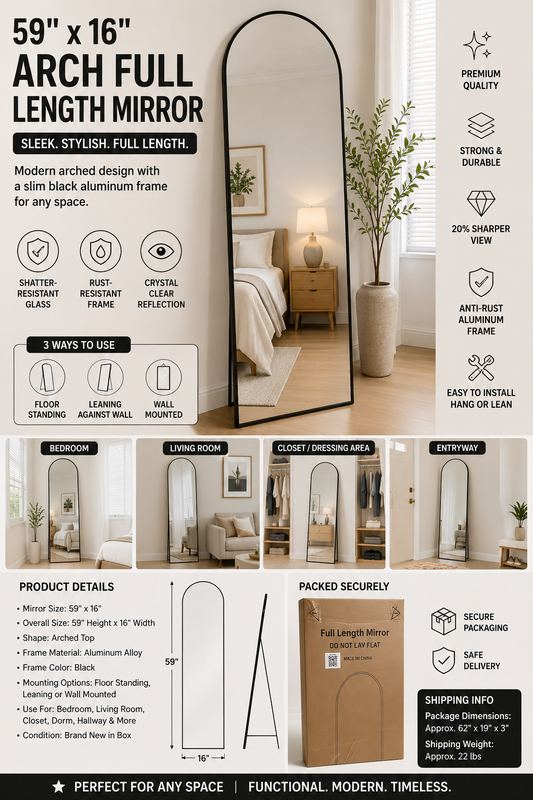 59" x 16" Full Length Arch Mirror – Black Aluminum Frame – Floor Standing or Wall Mounted – Brand New