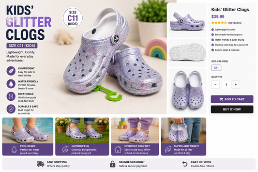 Kids Crocs Classic Glitter Clogs – Lavender Shimmer – Size C11 – Lightweight Slip-On Shoes