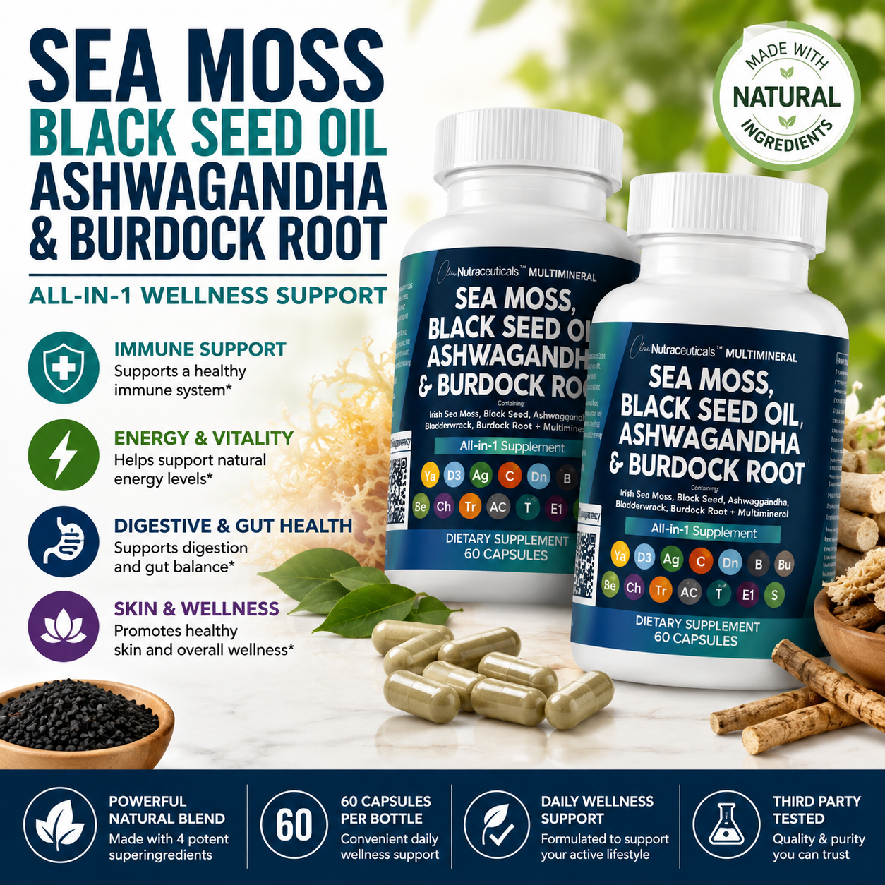 Sea Moss + Black Seed Oil + Ashwagandha & Burdock Root Capsules | All-in-One Wellness Supplement