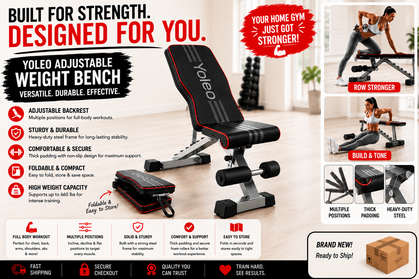 YOLEO Adjustable Weight Bench | Foldable Incline Decline Workout Bench for Home Gym