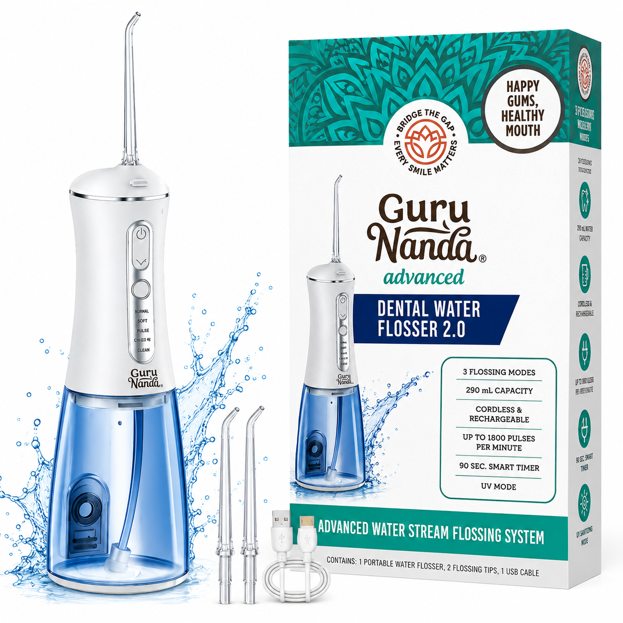 GuruNanda Advanced Dental Water Flosser 2.0 – Cordless Rechargeable Oral Irrigator