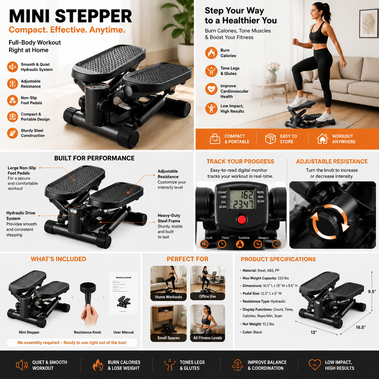 Mini Stepper Exercise Machine with Resistance Bands | Compact Home Fitness Trainer