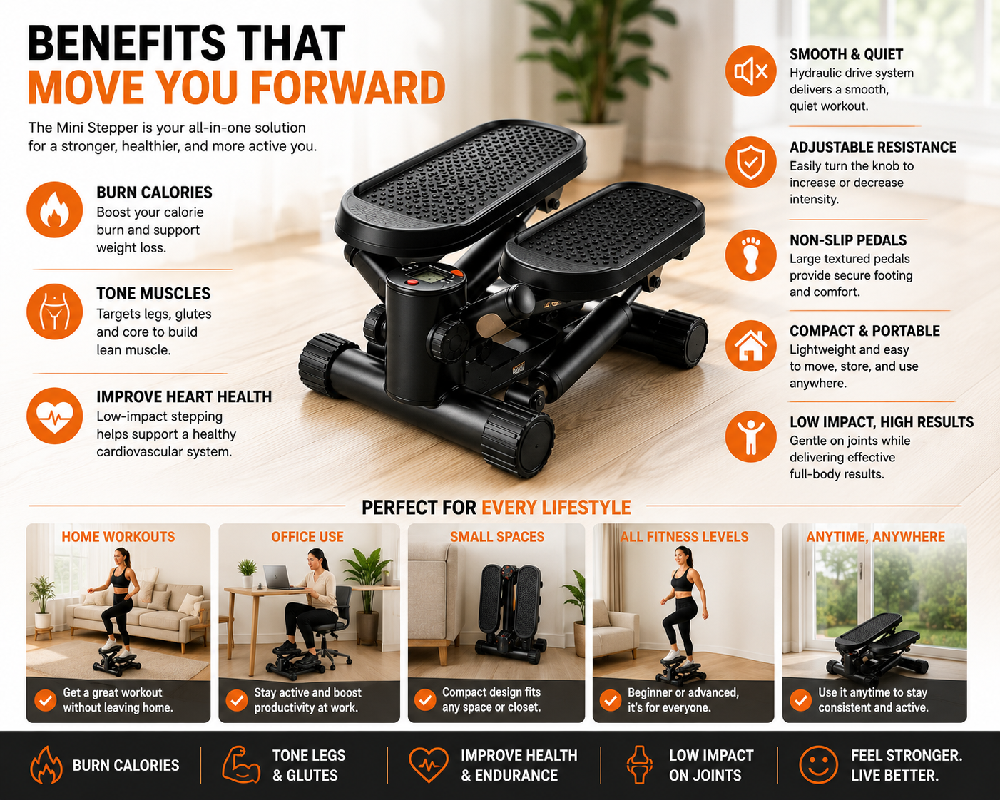 Mini Stepper Exercise Machine with Resistance Bands | Compact Home Fitness Trainer