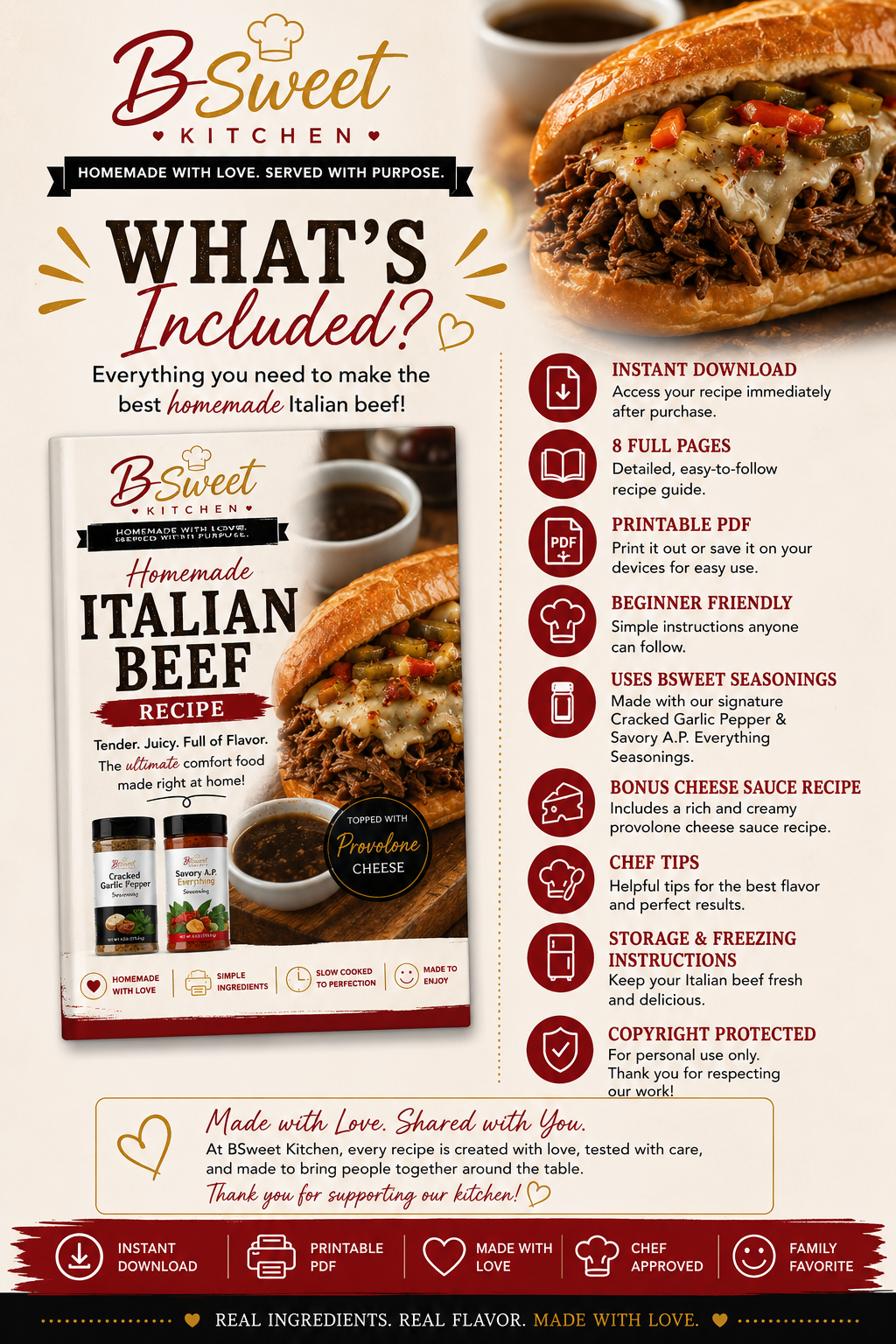 Homemade Italian Beef Recipe | Slow Cooker Recipe PDF | Instant Digital Download | BSweet Kitchen