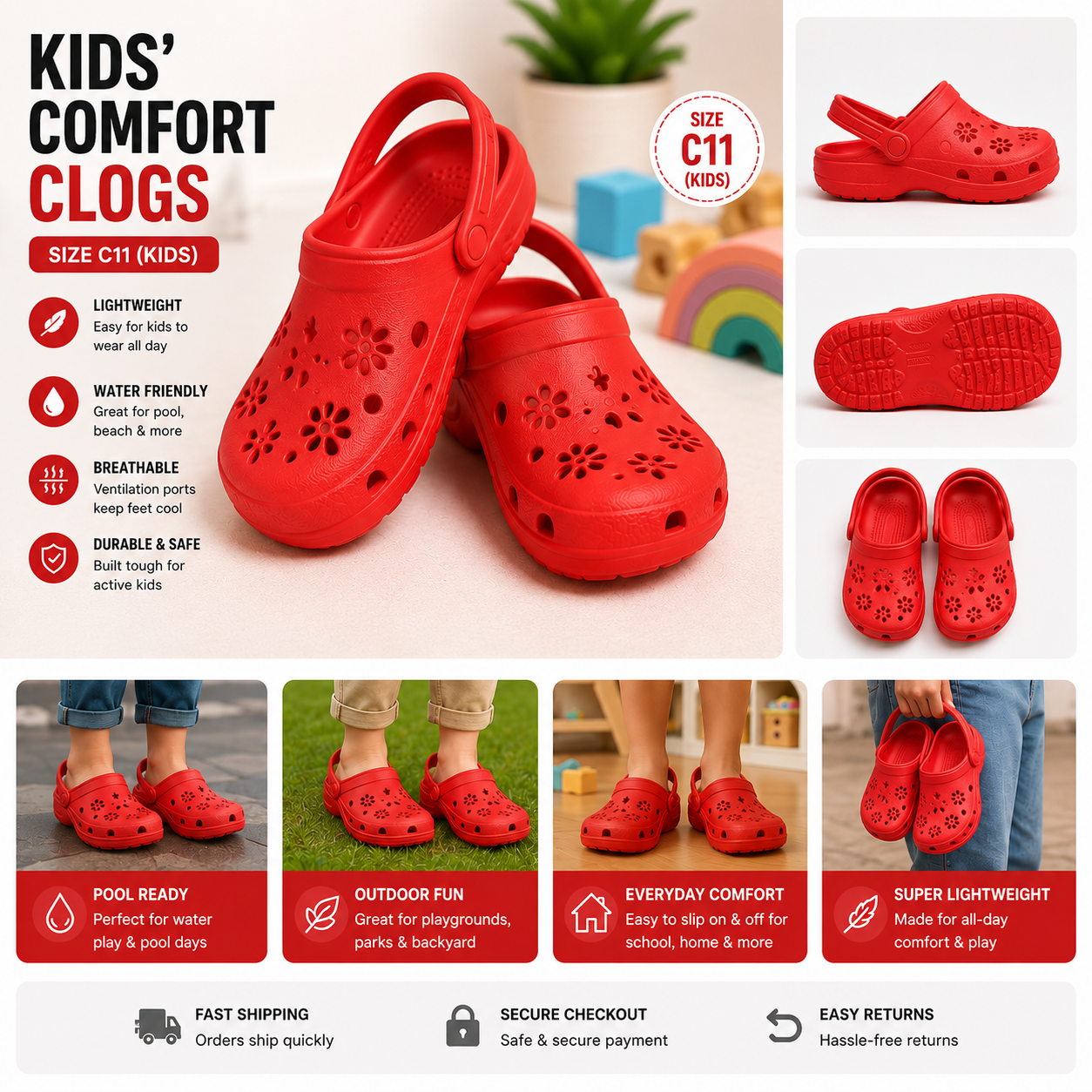 Kids Classic Floral Clogs | Lightweight Slip-On Garden Shoes | Water-Friendly Sandals | Size C11 | Red
