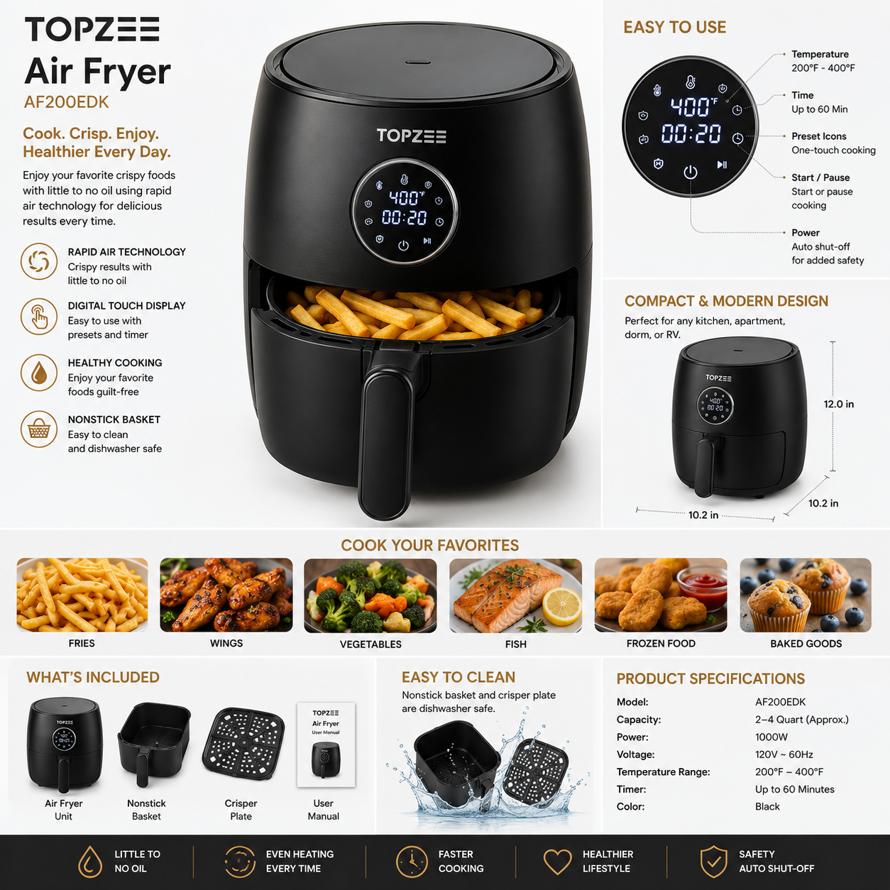 TOPZEE Digital Air Fryer AF200EDK – Oil-Free Healthy Cooking